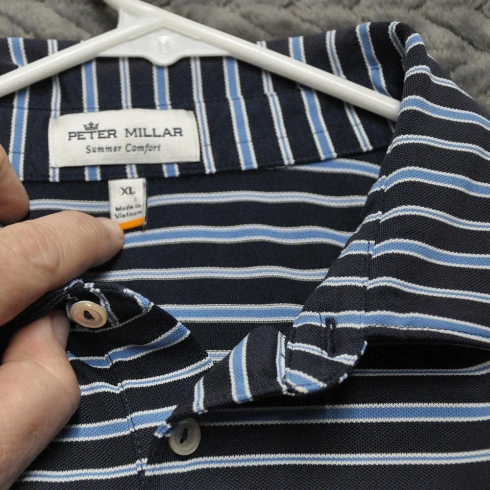 Peter Millar Polo Shirt XL Navy‎ Blue Striped Excellent Summer Comfort (1791)